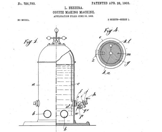 Patent diagram from US Patent 726,793 (1903) – Luigi Bezzera's "Coffee Making Machine" (assigned to Desiderio Pavoni)